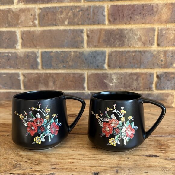 Black Floral Mugs Simulated Mother Of Pearl Inlay Floral Korean Printed Set Of 2 - Picture 1 of 11